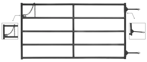 Sturdy black metal farm pipe gate with decorative design against a white background