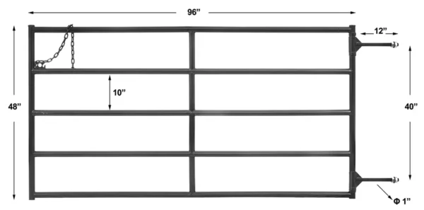 Black pipe gate with dimensions on a white background
