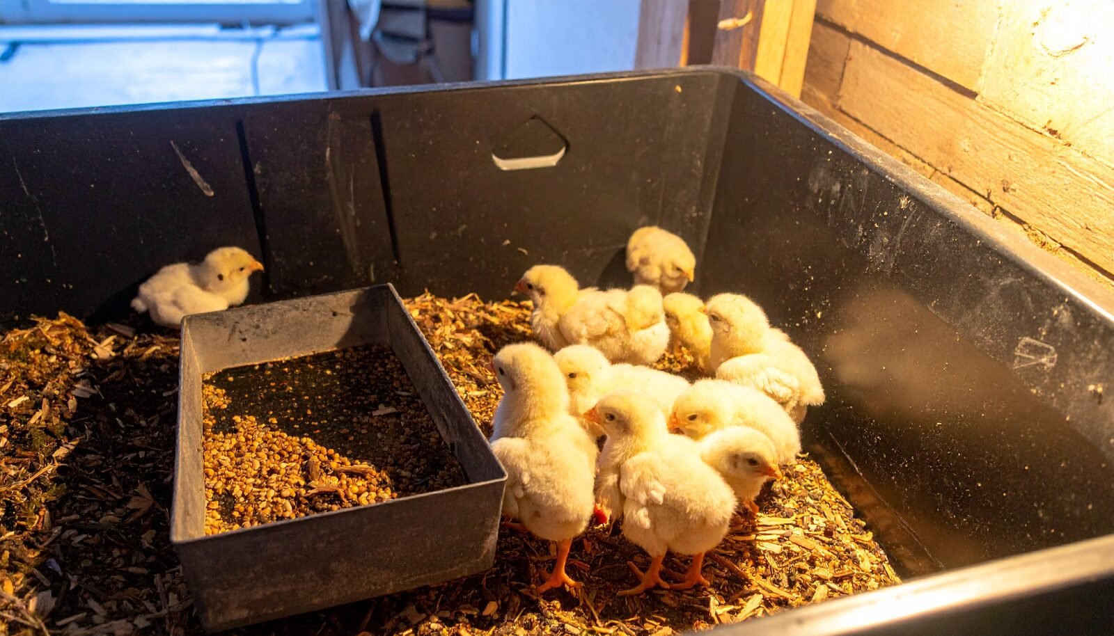 Day-old chicks in a black stock-tub brooder with wood-shaving bedding