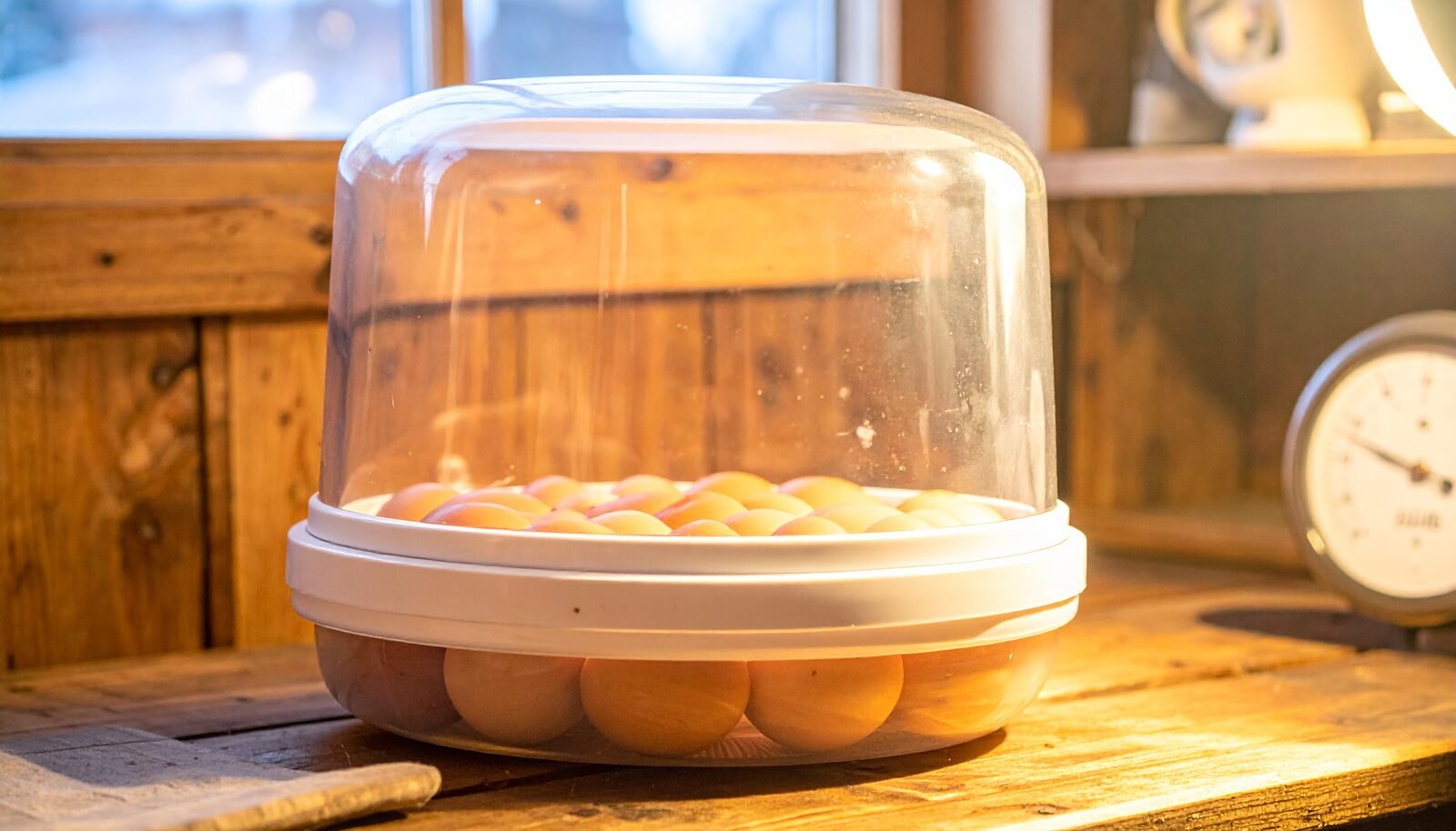 Dome-top egg incubator full of brown eggs on a warm farmhouse table